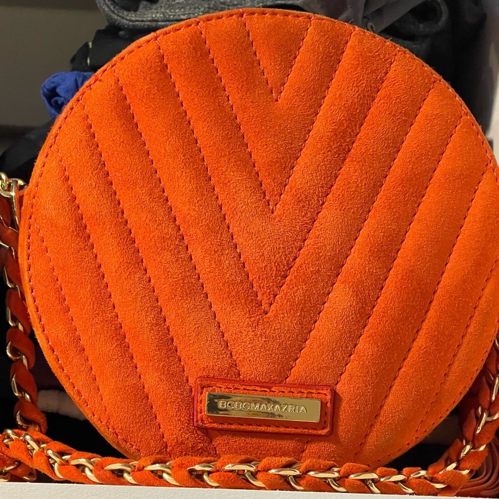 BCBG MaxAzria Orange Faux Suede Quilted Chevron Round Crossbody - Picture 12 of 16